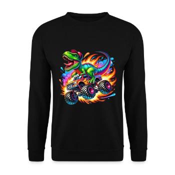Abenteuerlustiger Dinosaurier Auf Monstertruck - Unisex Pullover - Schwarz - Vorne - Alina (178cm) & Michal (187cm)