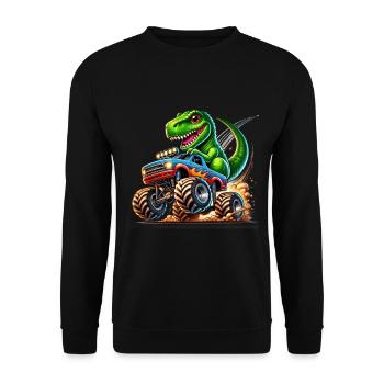 Abenteuerlustiger Dinosaurier Auf Monstertruck - Unisex Pullover - Schwarz - Vorne - Alina (178cm) & Michal (187cm)