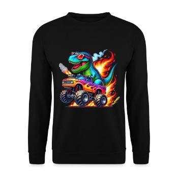Abenteuerlustiger Dinosaurier Auf Monstertruck - Unisex Pullover - Schwarz - Vorne - Alina (178cm) & Michal (187cm)