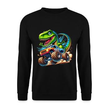 Abenteuerlustiger Dinosaurier Auf Monstertruck - Unisex Pullover - Schwarz - Vorne - Alina (178cm) & Michal (187cm)