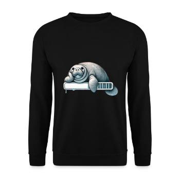 Gemütliches Faultier-Manati Auf Ladebalken - Unisex Pullover - Schwarz - Vorne - Alina (178cm) & Michal (187cm)