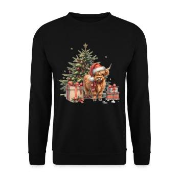 Weihnachtliches Highland-Kuh-Motiv mit - Unisex Pullover - Schwarz - Vorne - Alina (178cm) & Michal (187cm)
