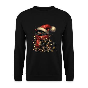 Weihnachtliche Katze Mit Lichterkette Und - Unisex Pullover - Schwarz - Vorne - Alina (178cm) & Michal (187cm)