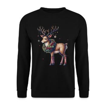Weihnachtliches Rentier Mit Festlichem Kranz - Unisex Pullover - Schwarz - Vorne - Alina (178cm) & Michal (187cm)