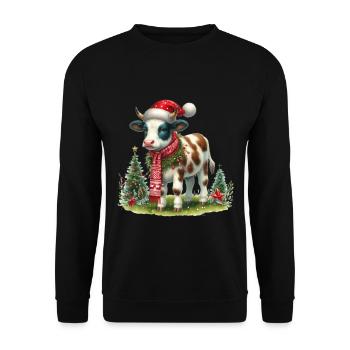 Weihnachtliche Kuh Mit Mütze Und Schal - Unisex Pullover - Schwarz - Vorne - Alina (178cm) & Michal (187cm)