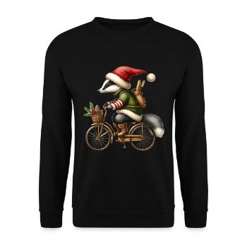 Fröhlicher Dachs Mit Weihnachtsmütze Auf Fahrrad - Unisex Pullover - Schwarz - Vorne - Alina (178cm) & Michal (187cm)