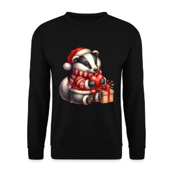 Weihnachtlicher Dachs Mit Herz Und Geschenken - Unisex Pullover - Schwarz - Vorne - Alina (178cm) & Michal (187cm)
