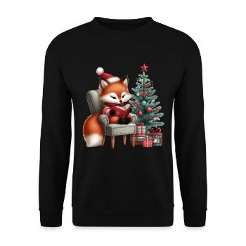 Weihnachtlicher Fuchs Mit Buch Am Weihnachtsbaum - Unisex Pullover - Schwarz - Vorne - Alina (178cm) & Michal (187cm)