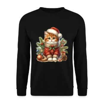Weihnachtlicher Kater Mit Strickpullover Und Mütze - Unisex Pullover - Schwarz - Vorne - Alina (178cm) & Michal (187cm)