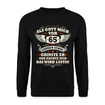 Als Gott mich vor 65 Jahren schuf 65 Geburtstag - Unisex Pullover - Schwarz - Vorne - Alina (178cm) & Michal (187cm)