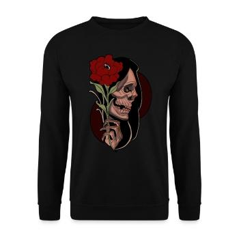 Skull with Rose - Totenkopf mit Rose - Unisex Pullover - Schwarz - Vorne - Alina (178cm) & Michal (187cm)
