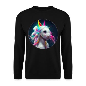 Glitzer Party Einhorn mit Regenbogen Mähne - Unisex Pullover - Schwarz - Vorne - Alina (178cm) & Michal (187cm)