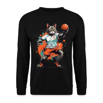 Handball Katze Ballsport Streetwear Stil - Unisex Pullover - Schwarz - Vorne - Alina (178cm) & Michal (187cm)