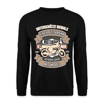 Moped DDR - Unterschätze niemals einen alten Mann - Unisex Pullover - Schwarz - Vorne - Alina (178cm) & Michal (187cm)