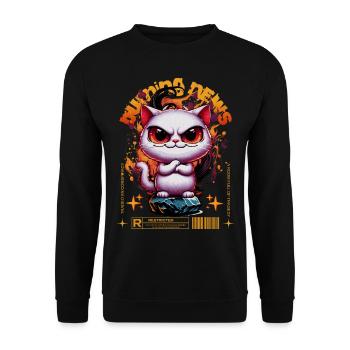 BURNING NEWS Caution cat - Unisex Pullover - Schwarz - Vorne - Alina (178cm) & Michal (187cm)