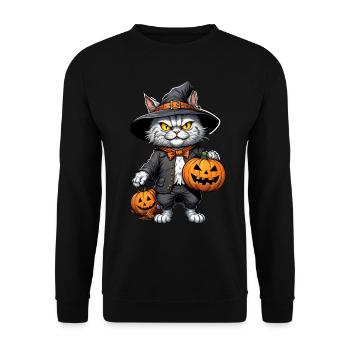 Halloween -Katze Grusel mit Kürbis - Unisex Pullover - Schwarz - Vorne - Alina (178cm) & Michal (187cm)