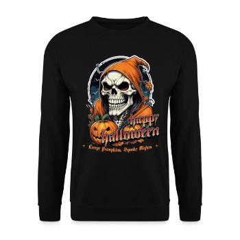 Halloween Totenkopf mit Kürbissen und Kapuze - Unisex Pullover - Schwarz - Vorne - Alina (178cm) & Michal (187cm)