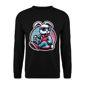 Lässiger Gamer-Hase Mit Controller - Unisex Pullover - Schwarz - Vorne - Alina (178cm) & Michal (187cm)