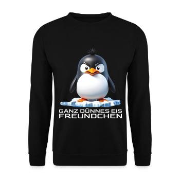 Ganz dünnes Eis Freundchen Pinguin - Unisex Pullover - Schwarz - Vorne - Alina (178cm) & Michal (187cm)