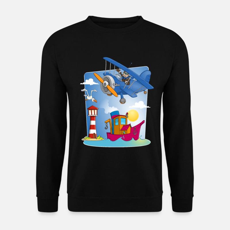 Sonne, Meer, Flugzeug, Boot, Leuchtturm und Möwe - Unisex Pullover - Schwarz