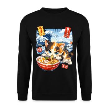 Japan Cat Ramen Noodle Retro Wave Motif - Unisex Sweatshirt - black - Front - Alina (178cm) & Michal (187cm)