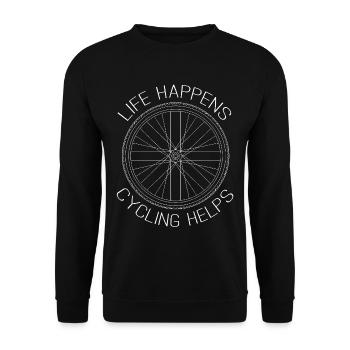 Radsport Spruch Life Happens Cycling Helps - Unisex Pullover - Schwarz - Vorne - Alina (178cm) & Michal (187cm)