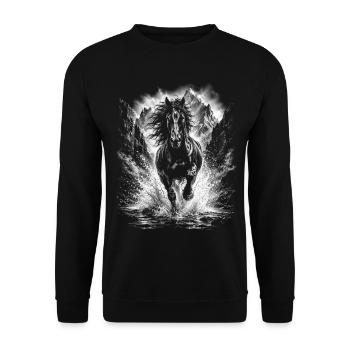 Wildes schwarzes Pferd im Galopp in Natur - Unisex Pullover - Schwarz - Vorne - Alina (178cm) & Michal (187cm)