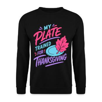 Thanksgiving-Teller im Training - Unisex Pullover - Schwarz - Vorne - Alina (178cm) & Michal (187cm)