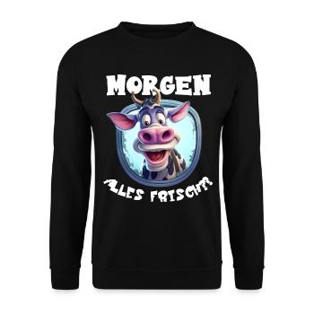 Morgen alles frisch funny Kuh Frühaufsteher lustig - Unisex Pullover - Schwarz - Vorne - Alina (178cm) & Michal (187cm)