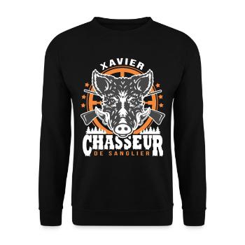 Xavier chasseur de sanglier Humour Chasse - Sweat-shirt Unisexe - noir - Devant - Alina (178cm) & Michal (187cm)