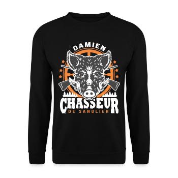 Damien chasseur de sanglier Humour Chasse - Sweat-shirt Unisexe - noir - Devant - Alina (178cm) & Michal (187cm)