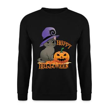 Fröhliche Halloween Katze mit Kürbis und Hexenhut - Unisex Pullover - Schwarz - Vorne - Alina (178cm) & Michal (187cm)