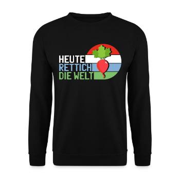 Heute Rettich Die Welt Garten Gemüse Retro Motiv - Unisex Pullover - Schwarz - Vorne - Alina (178cm) & Michal (187cm)