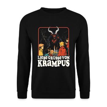 LIEBE GRÜSSE VOM KRAMPUS PERCHTEN RETRO KRAMPERL - Unisex Pullover - Schwarz - Vorne - Alina (178cm) & Michal (187cm)