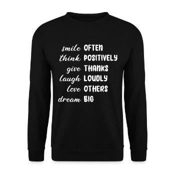 LACHEN POSITIV DANKBAR LIEBEN TRÄUMEN SPRUCH LEBEN - Unisex Pullover - Schwarz - Vorne - Alina (178cm) & Michal (187cm)