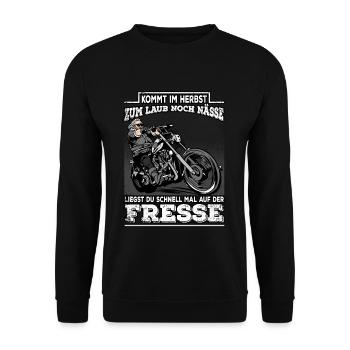 Kommt im Herbst die Nässe Lustiges Motorrad Fahrer - Unisex Pullover - Schwarz - Vorne - Alina (178cm) & Michal (187cm)