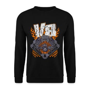 V8 Blubbern und Grinsen Achtzylinder Spruch - Unisex Pullover - Schwarz - Vorne - Alina (178cm) & Michal (187cm)