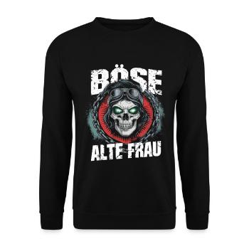 Motorrad Biker Lady Sarkasmus Böse alte Frau - Unisex Pullover - Schwarz - Vorne - Alina (178cm) & Michal (187cm)