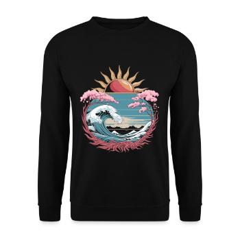 Big Wave Vaporwave Aesthetic 80s Anime Fashion - Unisex Pullover - Schwarz - Vorne - Alina (178cm) & Michal (187cm)