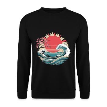 Big Wave Vaporwave Aesthetic 80s Anime Fashion - Unisex Pullover - Schwarz - Vorne - Alina (178cm) & Michal (187cm)