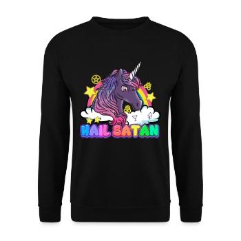 Hail Satan Einhorn Regenbogen Teufel Halloween - Unisex Pullover - Schwarz - Vorne - Alina (178cm) & Michal (187cm)