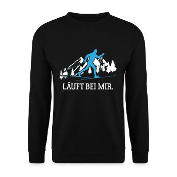 Läuft bei mir Langläufer Langlauf lustiger Spruch - Unisex Pullover - Schwarz - Vorne - Alina (178cm) & Michal (187cm)