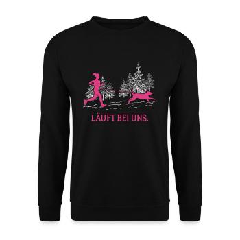 Läuft bei uns Canicross Hundesport Laufen Frauen - Unisex Pullover - Schwarz - Vorne - Alina (178cm) & Michal (187cm)