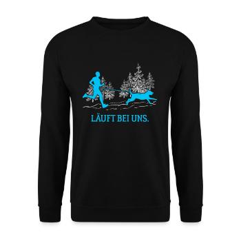 Läuft bei uns Canicross Hundesport Laufen Männer - Unisex Pullover - Schwarz - Vorne - Alina (178cm) & Michal (187cm)