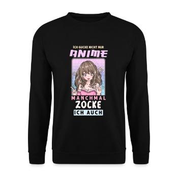 Ich gucke nicht nur Anime manchmal zocke ich auch - Unisex Pullover - Schwarz - Vorne - Alina (178cm) & Michal (187cm)