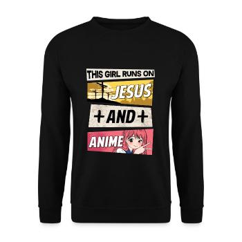JUST A GIRL WHO RUNS JESUS AND ANIME - Unisex Pullover - Schwarz - Vorne - Alina (178cm) & Michal (187cm)
