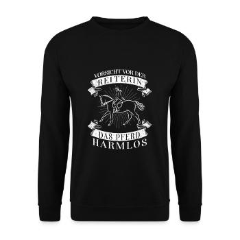 Vorsicht vor der Reiterin das Pferd ist harmlos - Unisex Pullover - Schwarz - Vorne - Alina (178cm) & Michal (187cm)
