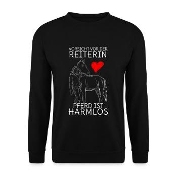 Vorsicht vor der Reiterin das Pferd ist harmlos - Unisex Pullover - Schwarz - Vorne - Alina (178cm) & Michal (187cm)