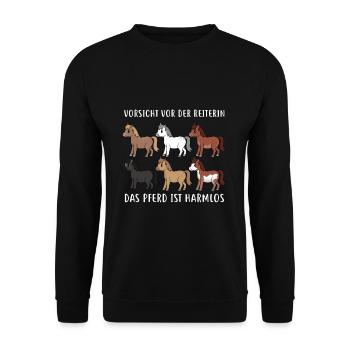 Vorsicht vor der Reiterin das Pferd ist harmlos - Unisex Pullover - Schwarz - Vorne - Alina (178cm) & Michal (187cm)