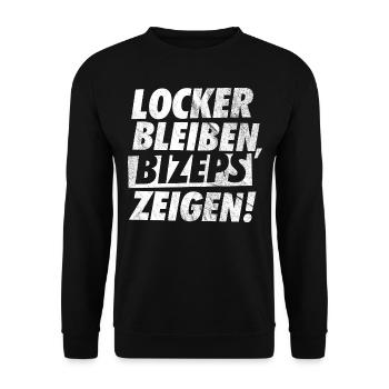GYM, LOCKER BLEIBEN BIZEPS ZEIGEN - Unisex Pullover - Schwarz - Vorne - Alina (178cm) & Michal (187cm)